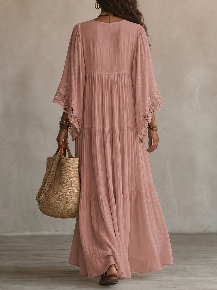 Celeste – Langes Chiffonkleid Elfenbein mit Spitze