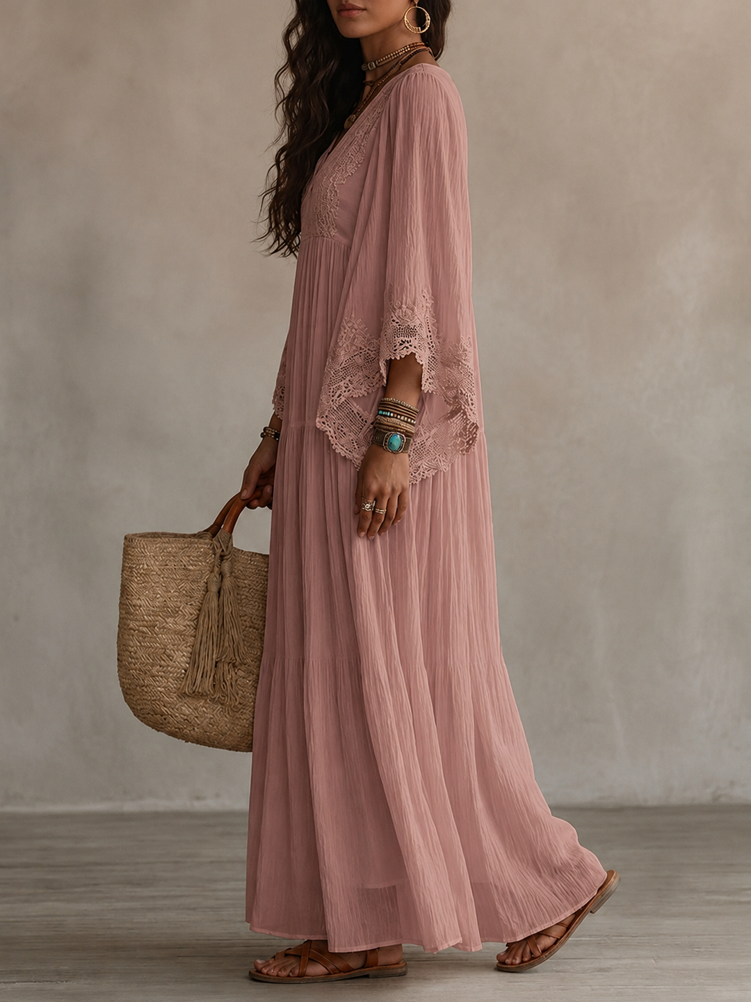Celeste – Langes Chiffonkleid Elfenbein mit Spitze