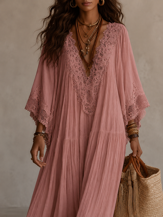 Celeste – Langes Chiffonkleid Elfenbein mit Spitze