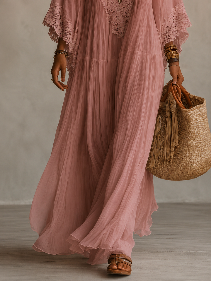 Celeste – Langes Chiffonkleid Elfenbein mit Spitze