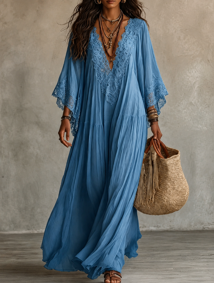Celeste – Langes Chiffonkleid Elfenbein mit Spitze