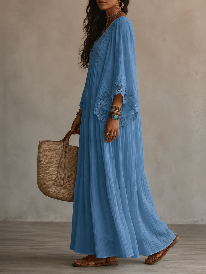 Celeste – Langes Chiffonkleid Elfenbein mit Spitze