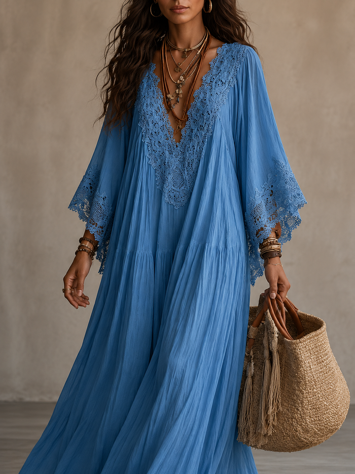 Celeste – Langes Chiffonkleid Elfenbein mit Spitze