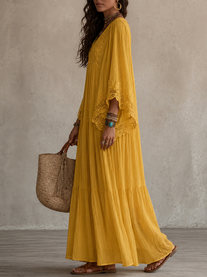 Celeste – Langes Chiffonkleid Elfenbein mit Spitze