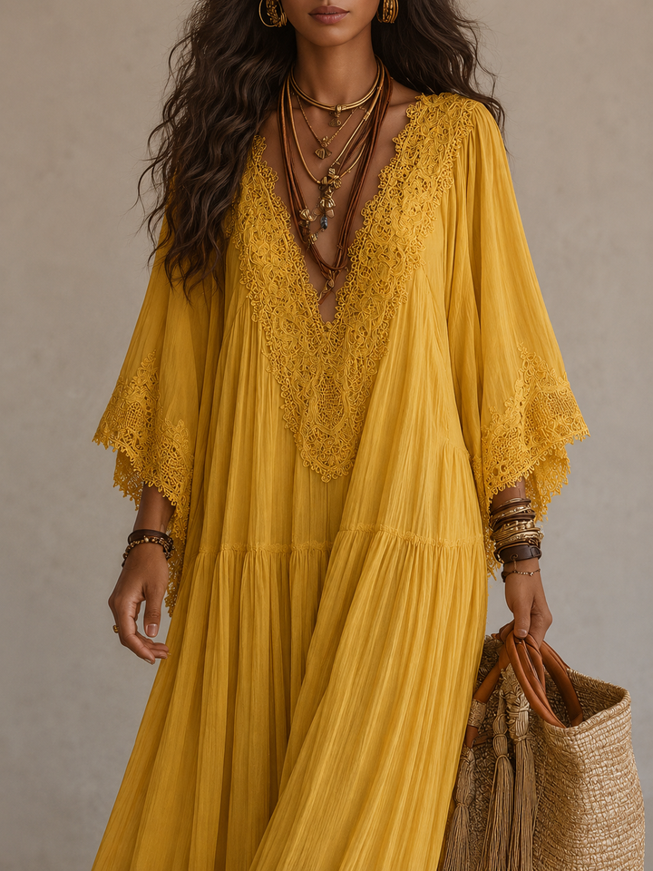 Celeste – Langes Chiffonkleid Elfenbein mit Spitze
