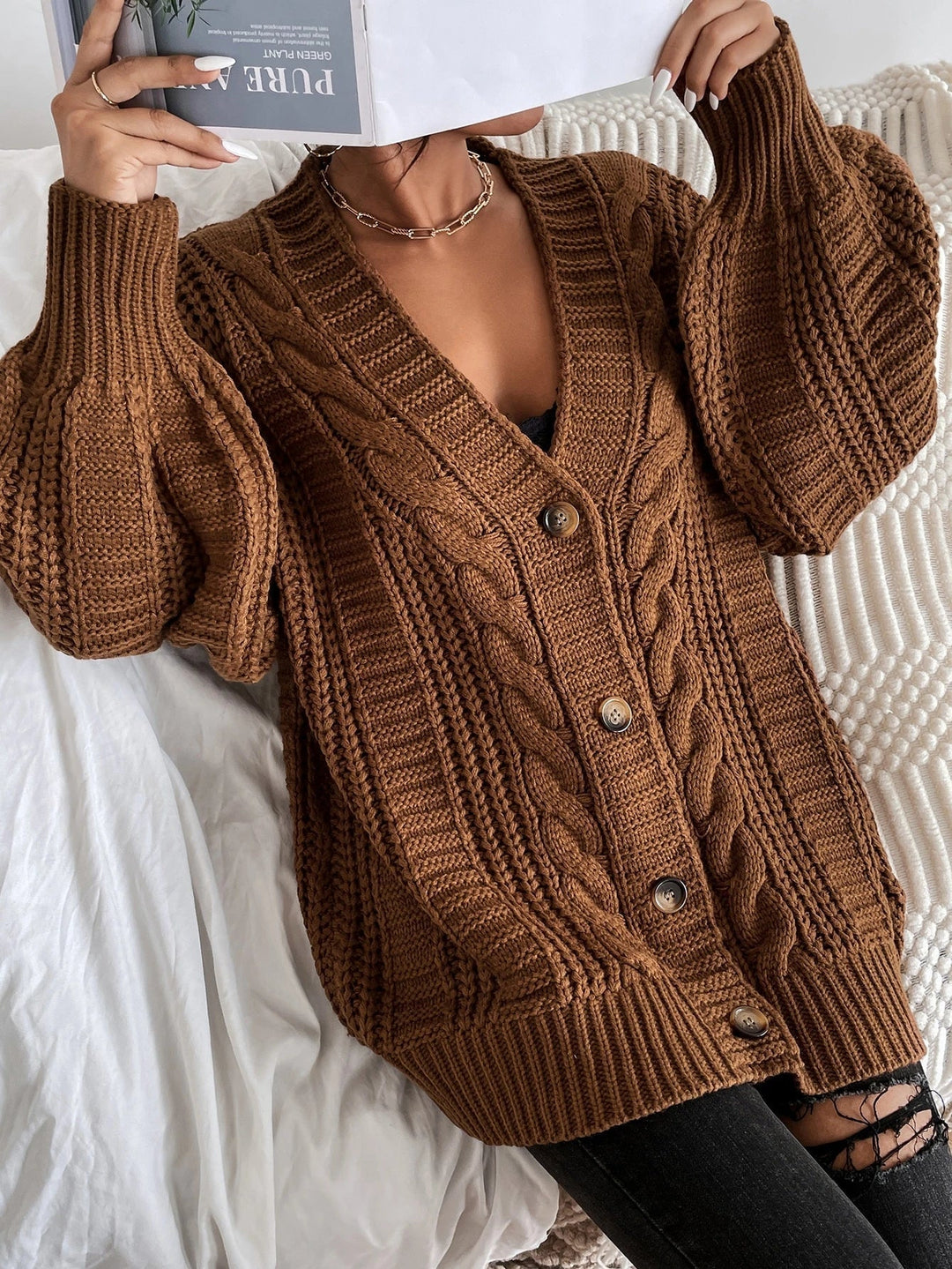 Oversized Zopfmuster-Strickjacke
