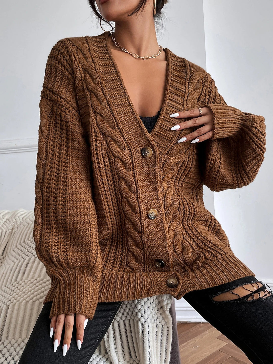 Oversized Zopfmuster-Strickjacke
