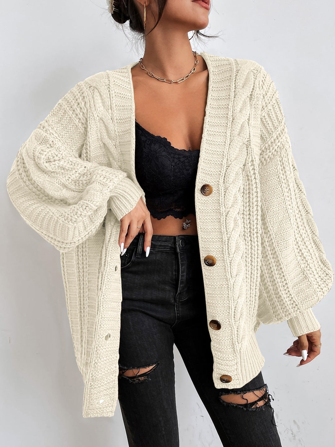 Oversized Zopfmuster-Strickjacke