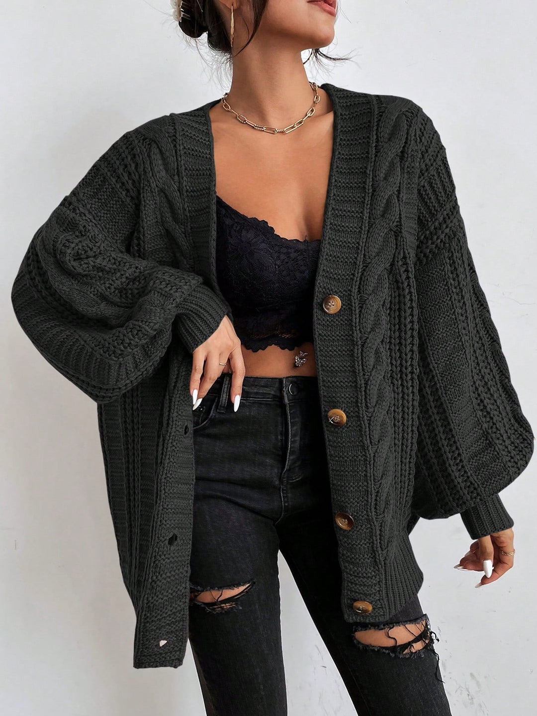 Oversized Zopfmuster-Strickjacke