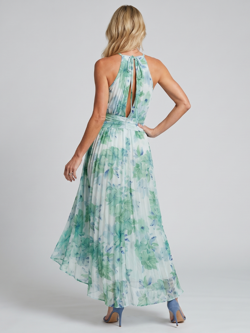 Portia | Faltendes Halterkleid mit weichem Blumenmuster in Midi-Länge