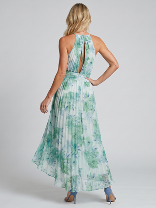Portia | Faltendes Halterkleid mit weichem Blumenmuster in Midi-Länge