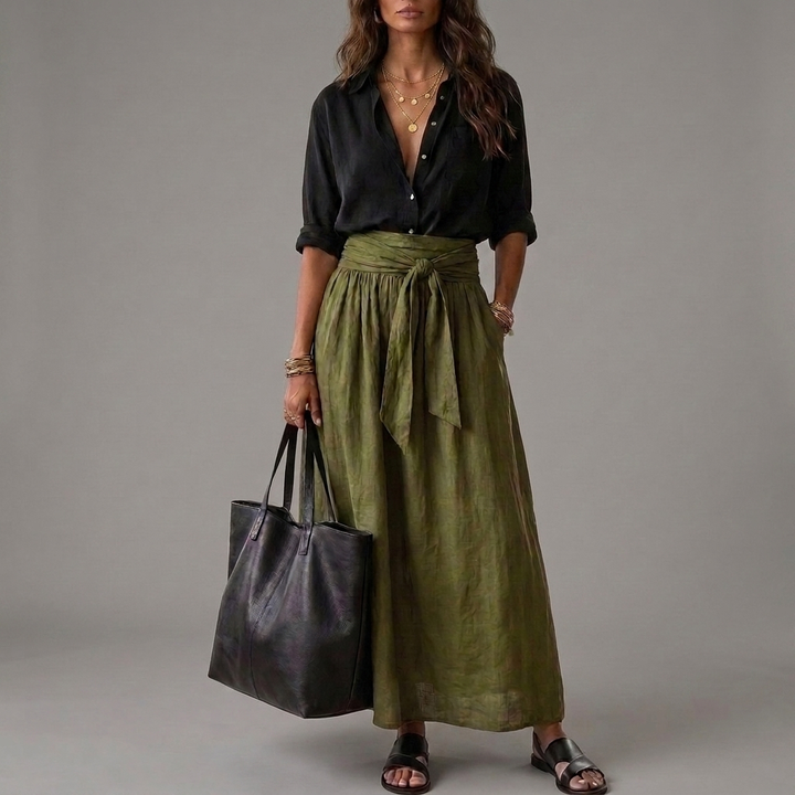 SAHARA | Zweiteiliges Set: Schwarzes Top und Olivgrüner Midirock