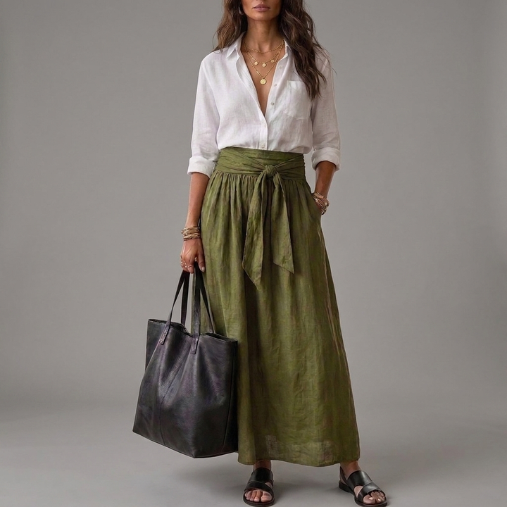 SAHARA | Zweiteiliges Set: Schwarzes Top und Olivgrüner Midirock