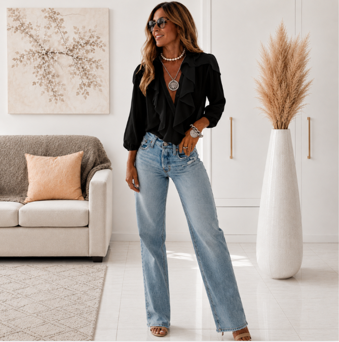 Greta | Elegante V-Ausschnitt Bluse mit langen Ärmeln & Rüschen