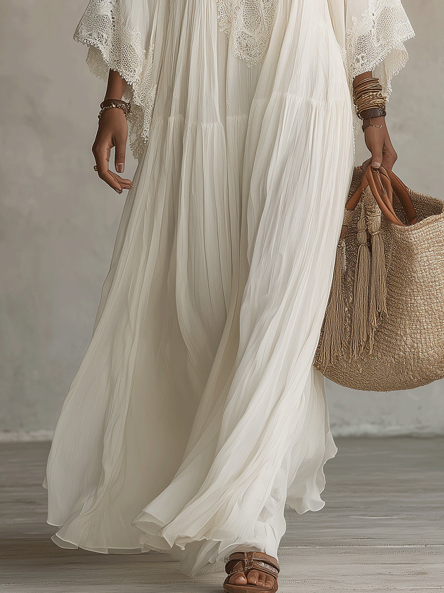 Celeste – Langes Chiffonkleid Elfenbein mit Spitze