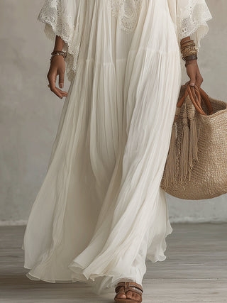 Celeste – Langes Chiffonkleid Elfenbein mit Spitze