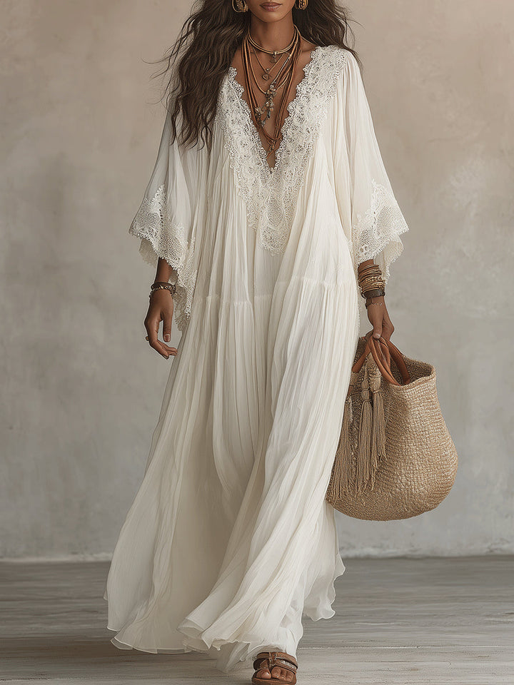 Celeste – Langes Chiffonkleid Elfenbein mit Spitze