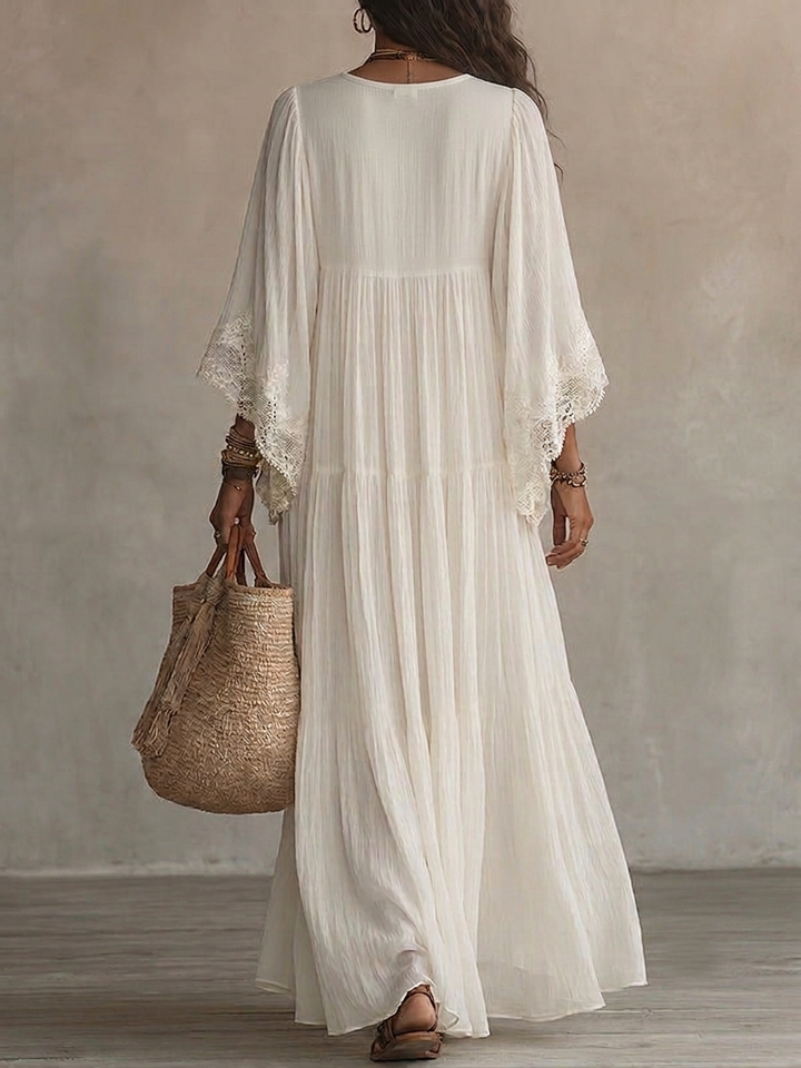 Celeste – Langes Chiffonkleid Elfenbein mit Spitze