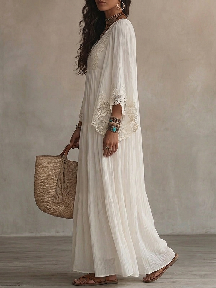 Celeste – Langes Chiffonkleid Elfenbein mit Spitze