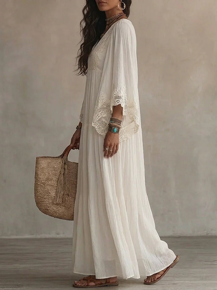 Celeste – Langes Chiffonkleid Elfenbein mit Spitze