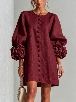 Blumen-Minikleid mit Knopfleiste und auffälligen Blüten-Manschetten