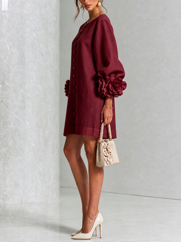 Blumen-Minikleid mit Knopfleiste und auffälligen Blüten-Manschetten