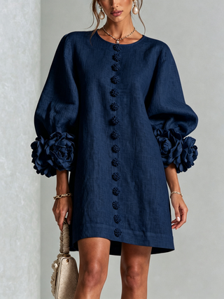 Blumen-Minikleid mit Knopfleiste und auffälligen Blüten-Manschetten