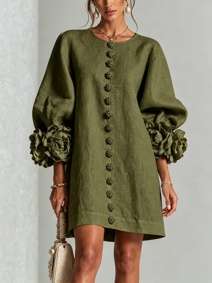 Blumen-Minikleid mit Knopfleiste und auffälligen Blüten-Manschetten