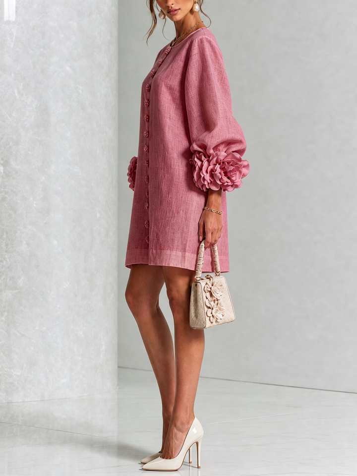 Blumen-Minikleid mit Knopfleiste und auffälligen Blüten-Manschetten