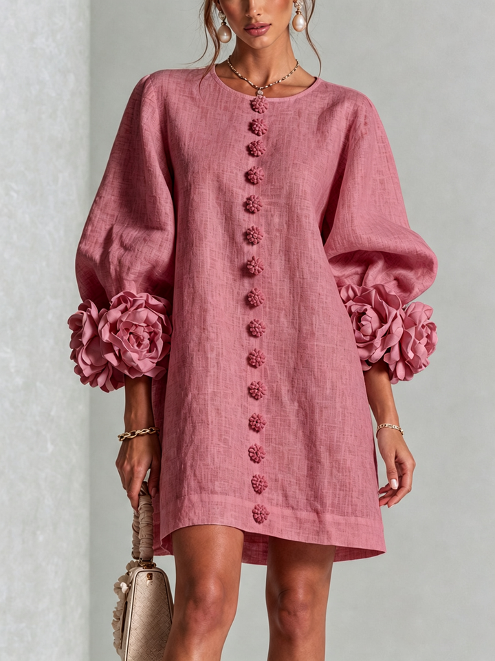 Blumen-Minikleid mit Knopfleiste und auffälligen Blüten-Manschetten