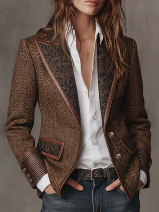Blazer mit Fischgrätmuster und Print-Panel