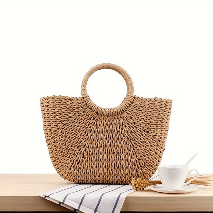 Serenella – Halbmond-Tasche aus geflochtenem Stroh – Cognac