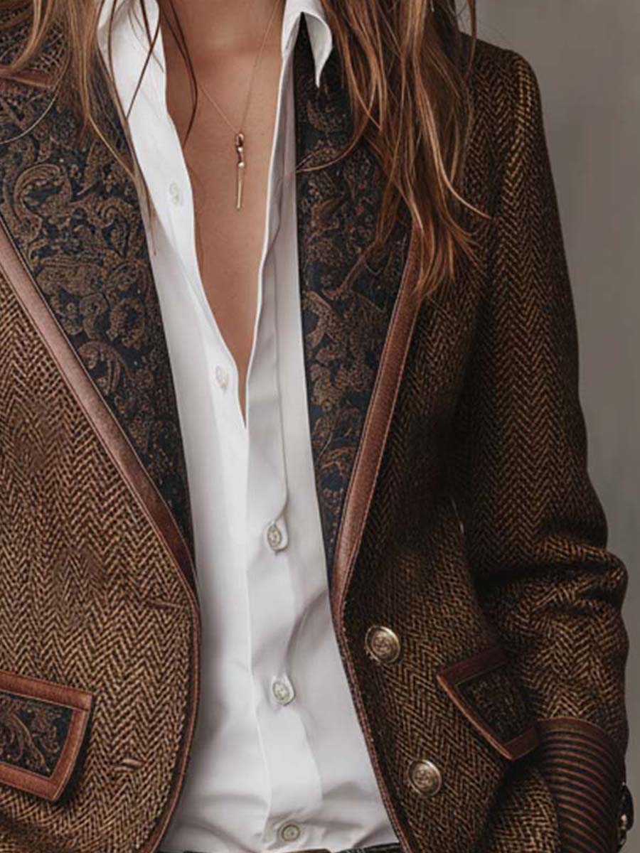 Blazer mit Fischgrätmuster und Print-Panel
