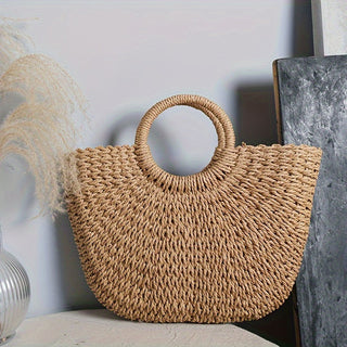 Serenella – Halbmond-Tasche aus geflochtenem Stroh – Cognac