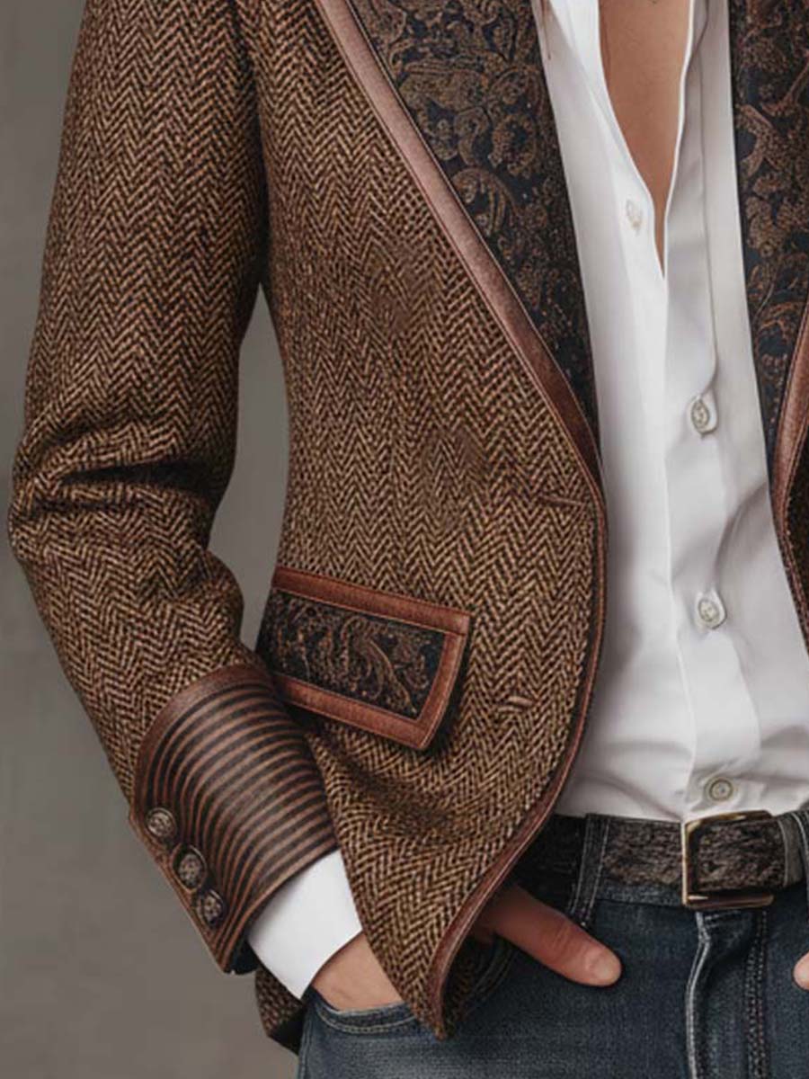 Blazer mit Fischgrätmuster und Print-Panel
