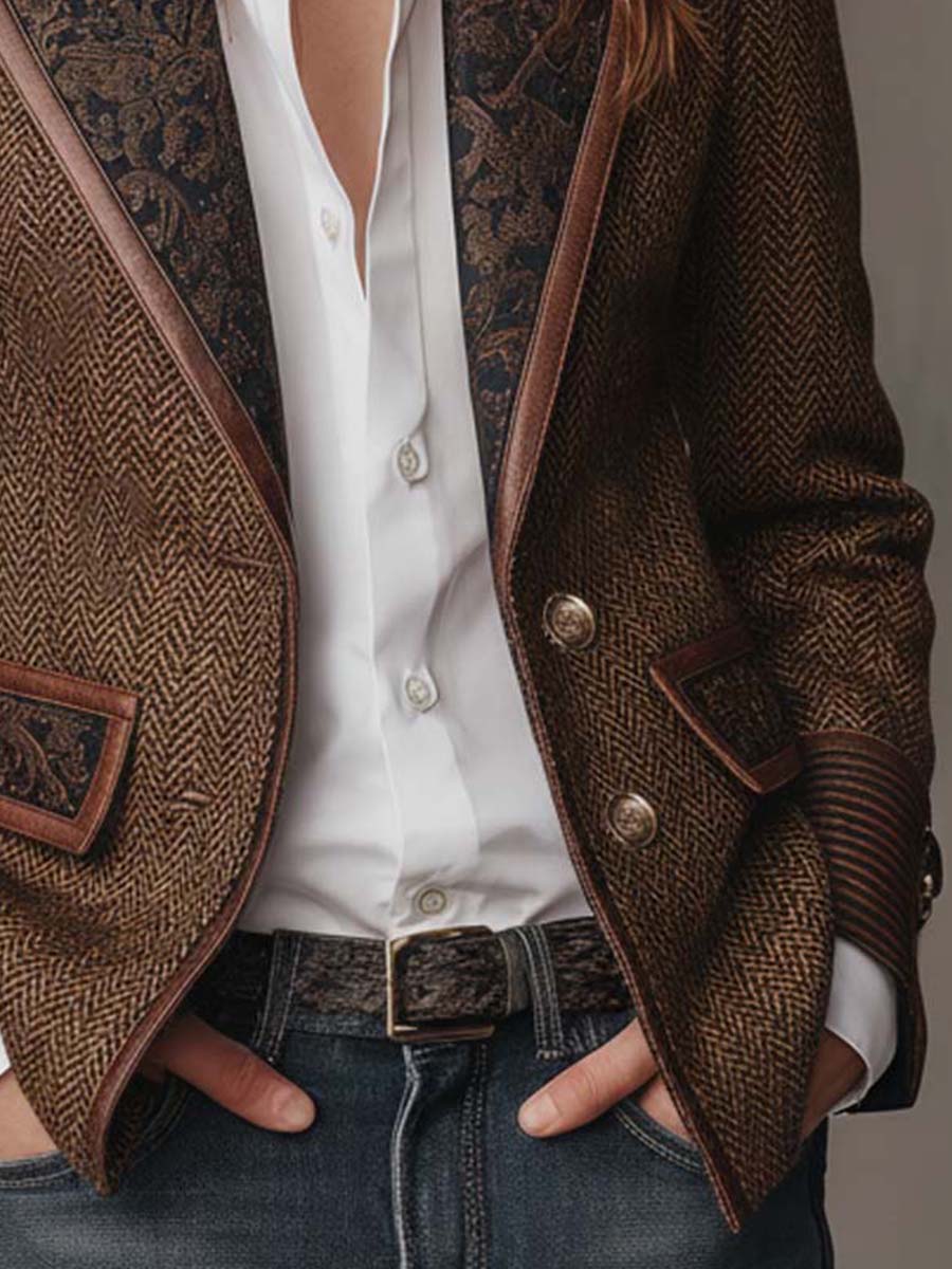 Blazer mit Fischgrätmuster und Print-Panel