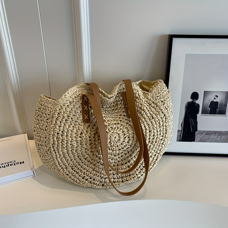 Lisa – Runde Tasche aus geflochtenem Stroh – Beige