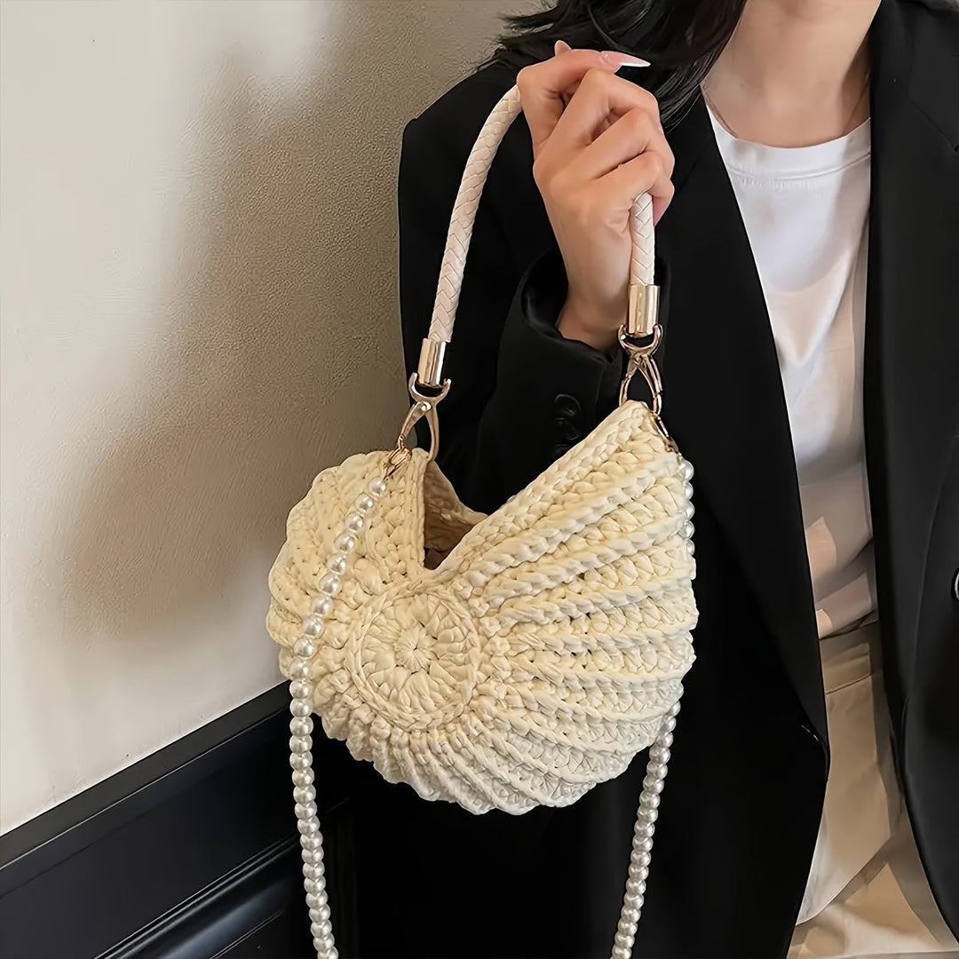 Tamara – Geflochtene Tote-Bag mit Kettenriemen – Cremeweiß
