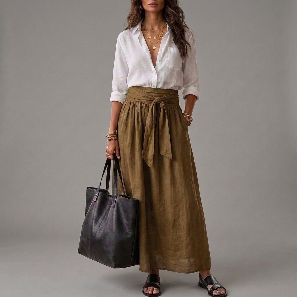 SAHARA | Zweiteiliges Set: Schwarzes Top und Olivgrüner Midirock