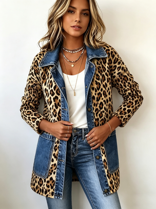 Fablenne™ | Leopard Print Denim Panel Contrast Longline Jacket